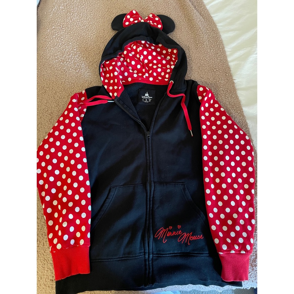 Disney Parks Minnie Mouse Hoodie Women Large Black Red Polka Dot Ears Bow Zip Up